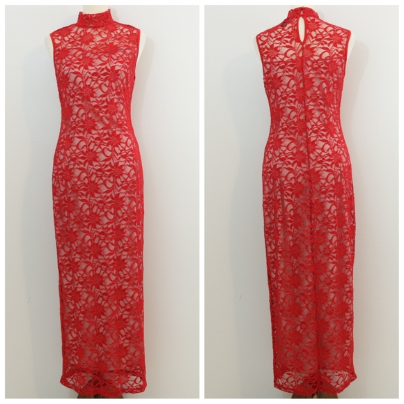 Candalite Dresses & Skirts - Candalite Red Lace Long Mockneck Keyhole Dress